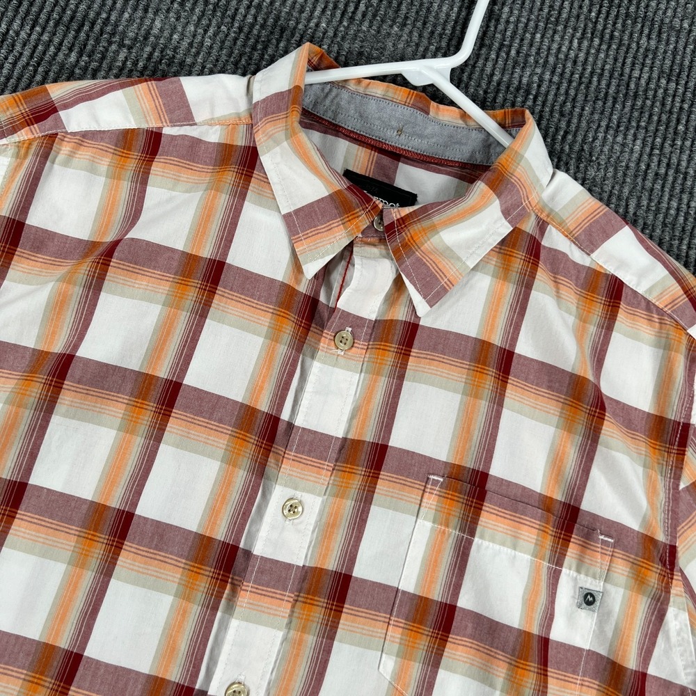 Marmot Shirt Mens XL Extra Large Orange White Plaid Short Sleeve Button Up Hike
